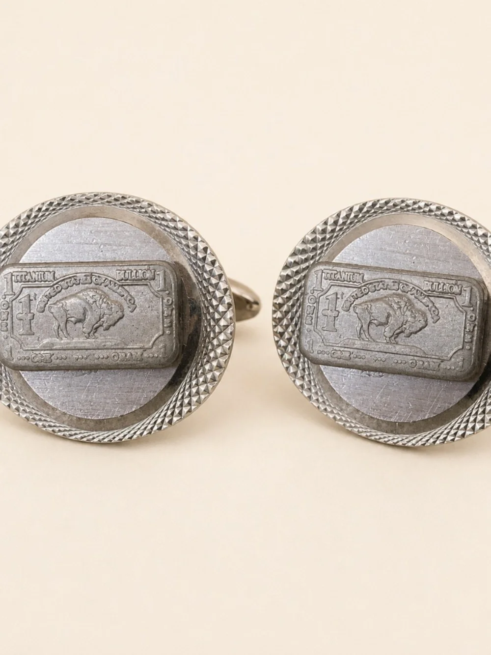 1 Gram Titanium Buffalo Bullion Bar Cufflinks Vintage Silver Tone USA